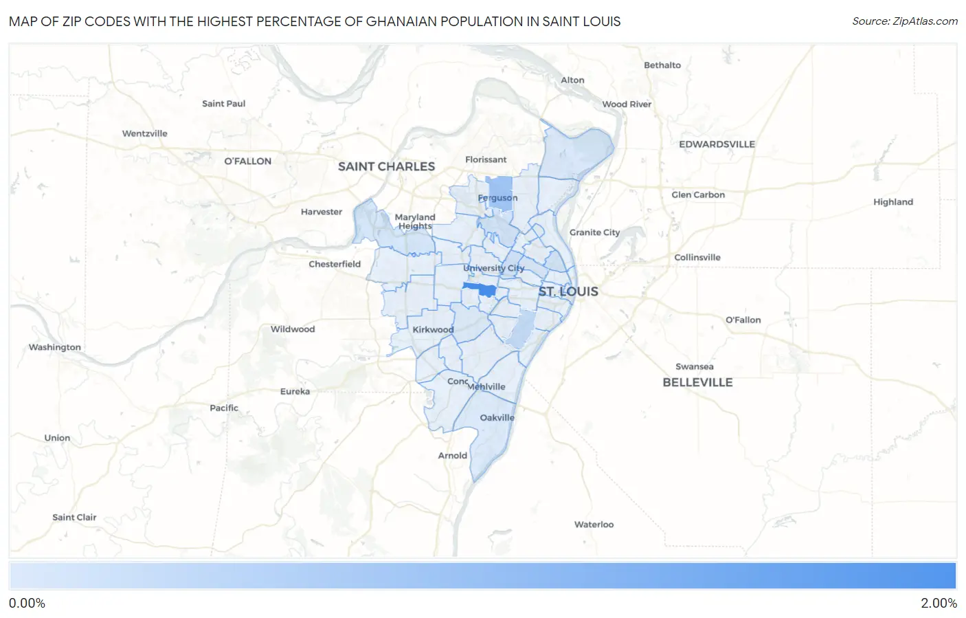 Zip Codes with the Highest Percentage of Ghanaian Population in Saint Louis Map