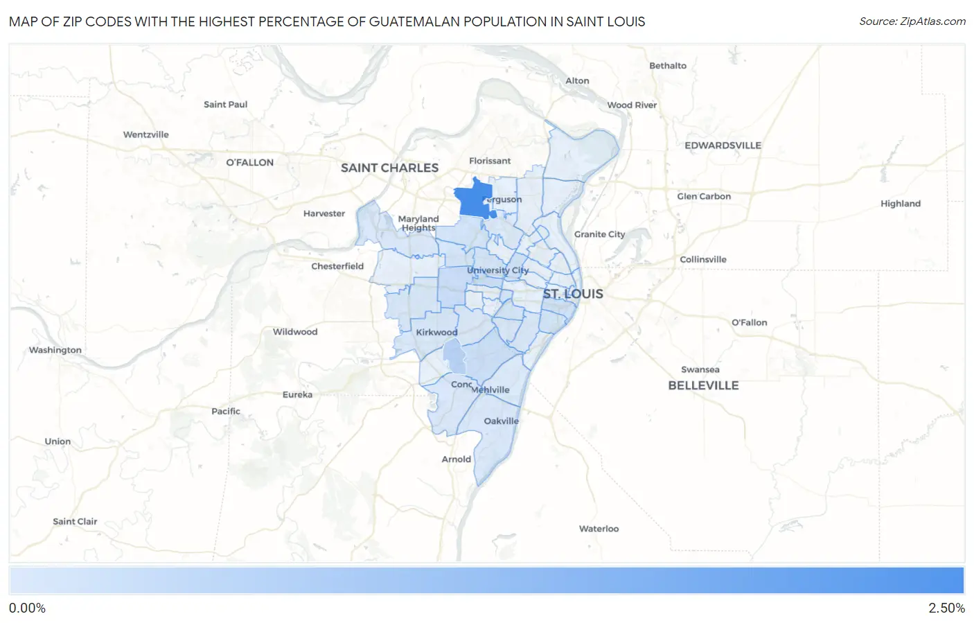 Zip Codes with the Highest Percentage of Guatemalan Population in Saint Louis Map