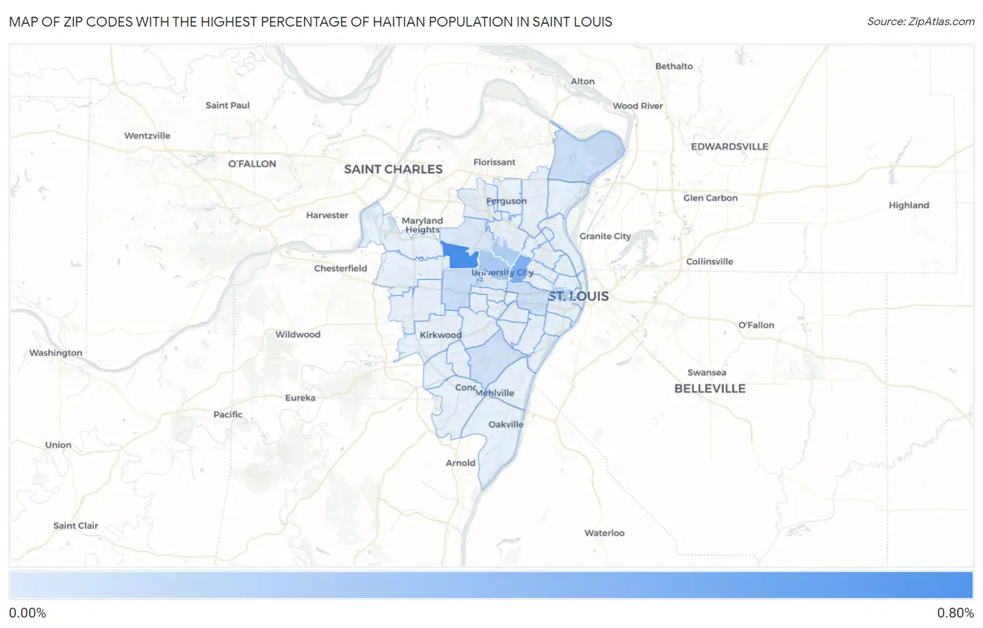 Zip Codes with the Highest Percentage of Haitian Population in Saint Louis Map