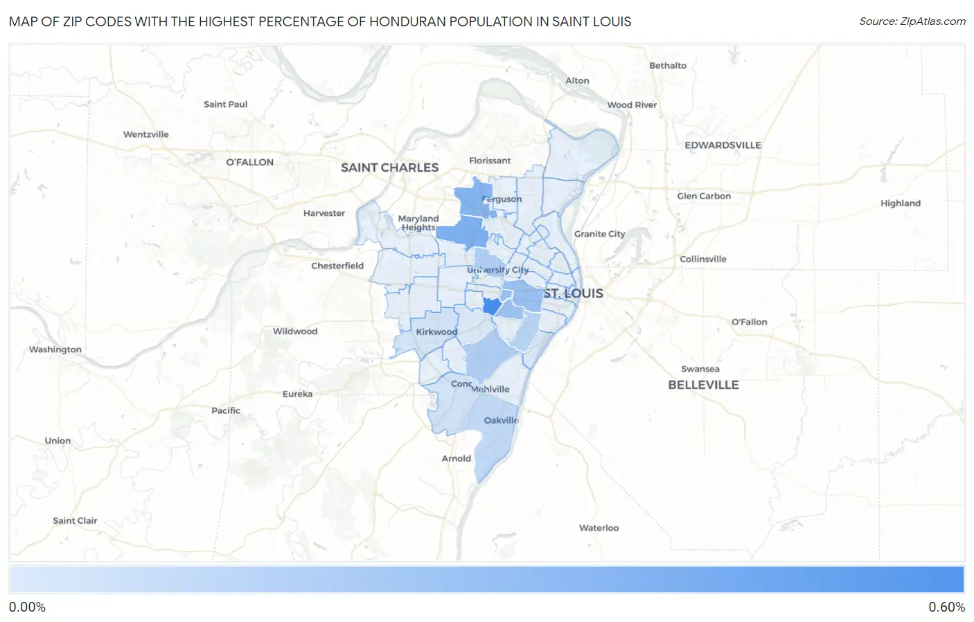 Zip Codes with the Highest Percentage of Honduran Population in Saint Louis Map