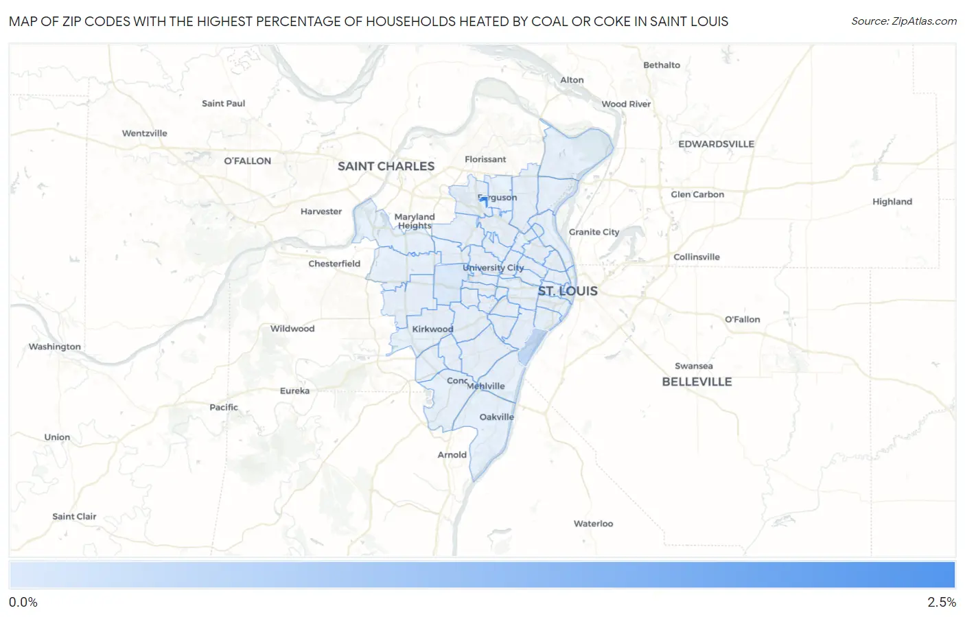Zip Codes with the Highest Percentage of Households Heated by Coal or Coke in Saint Louis Map