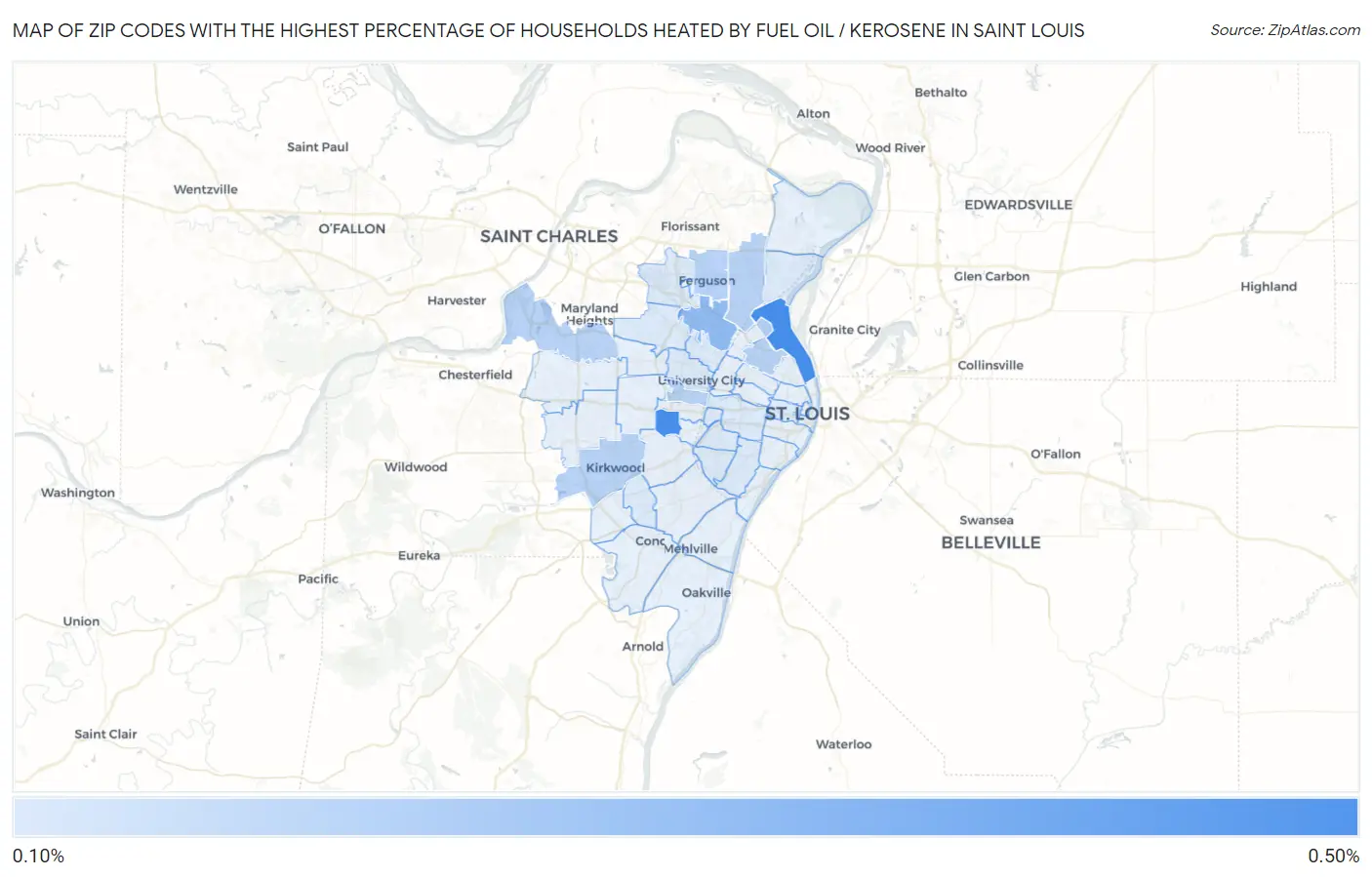 Zip Codes with the Highest Percentage of Households Heated by Fuel Oil / Kerosene in Saint Louis Map