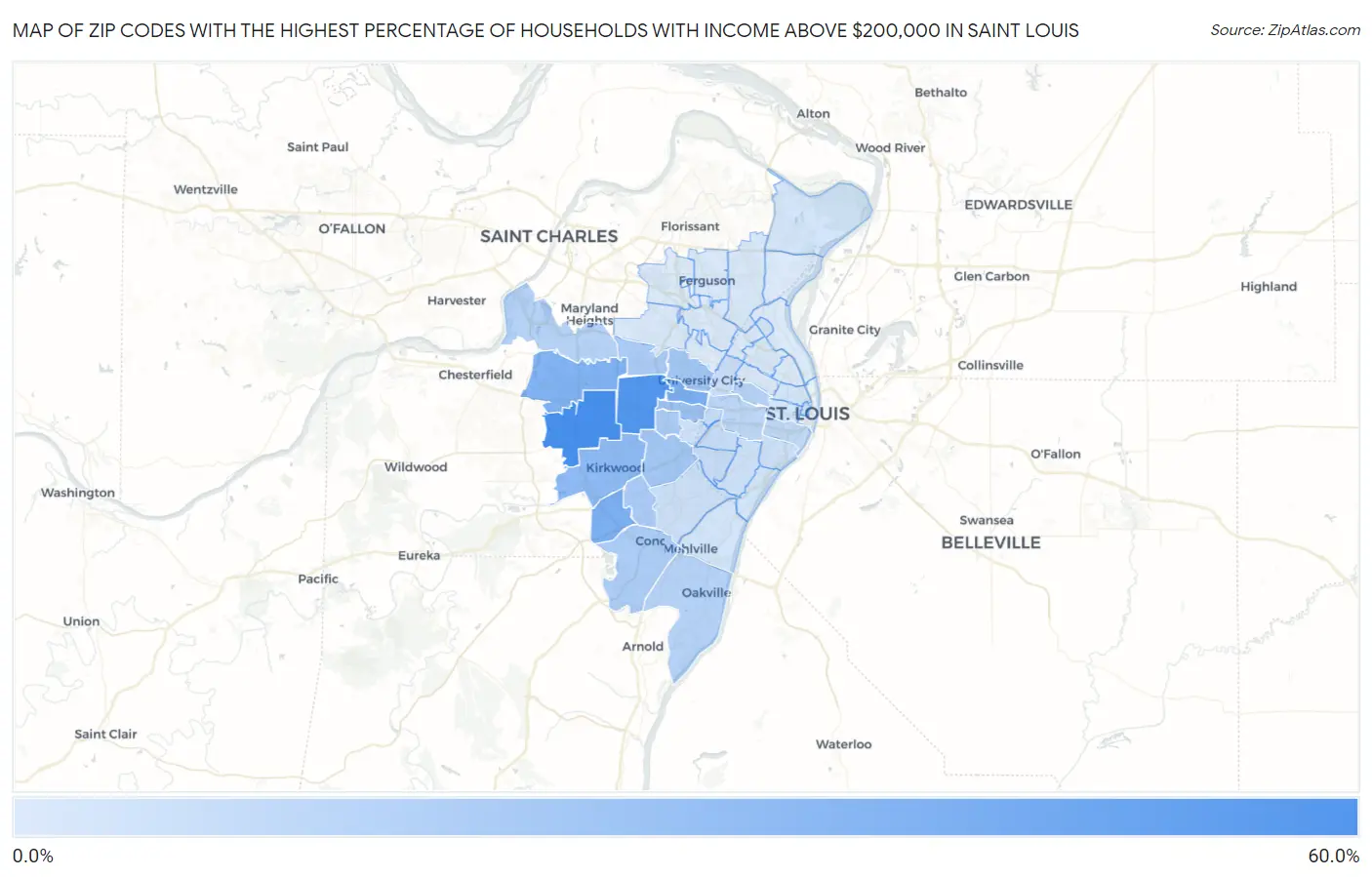 Zip Codes with the Highest Percentage of Households with Income Above $200,000 in Saint Louis Map
