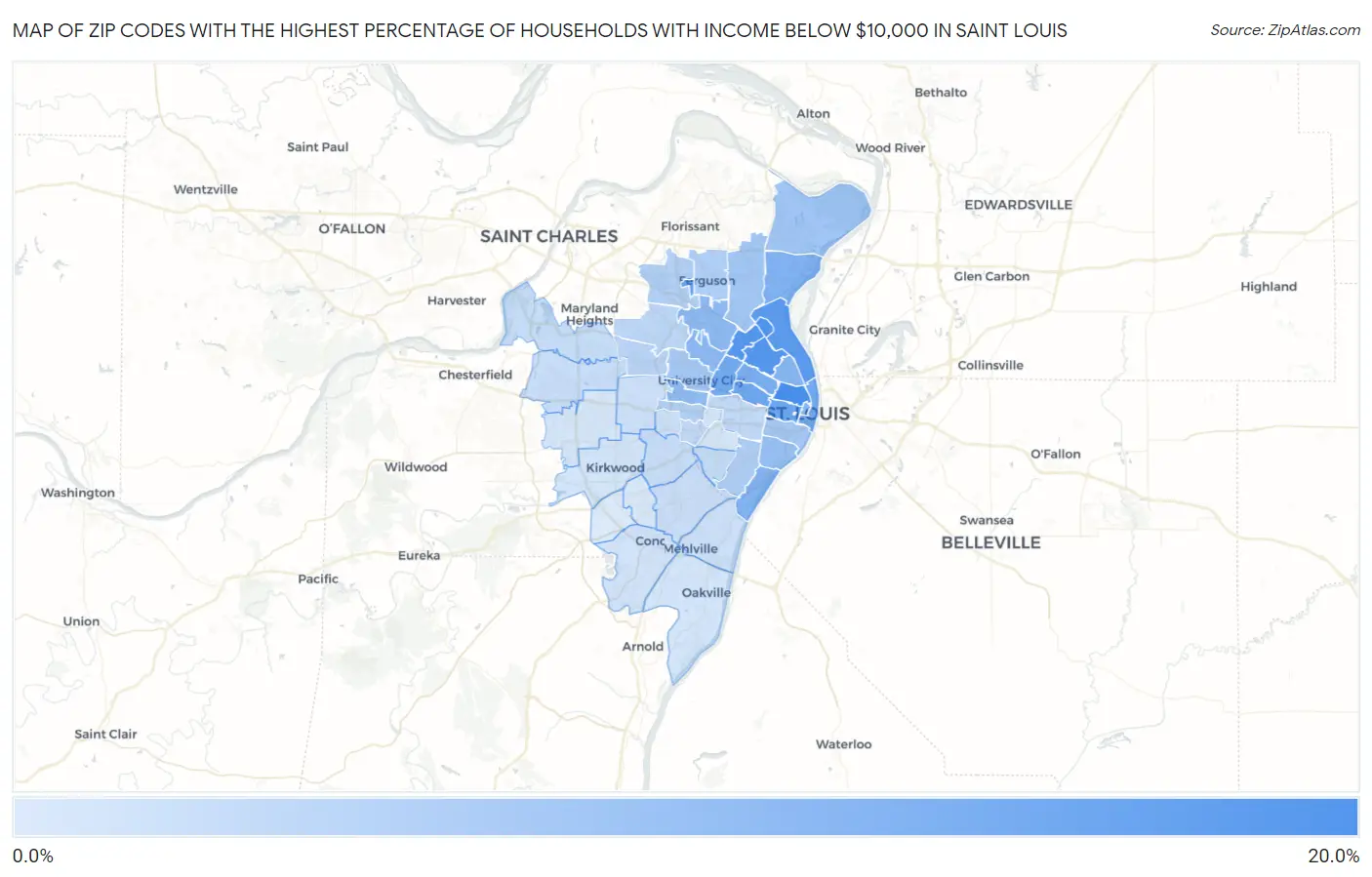 Zip Codes with the Highest Percentage of Households with Income Below $10,000 in Saint Louis Map