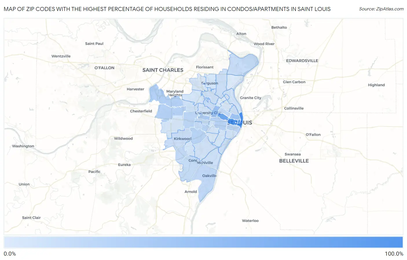 Zip Codes with the Highest Percentage of Households Residing in Condos/Apartments in Saint Louis Map