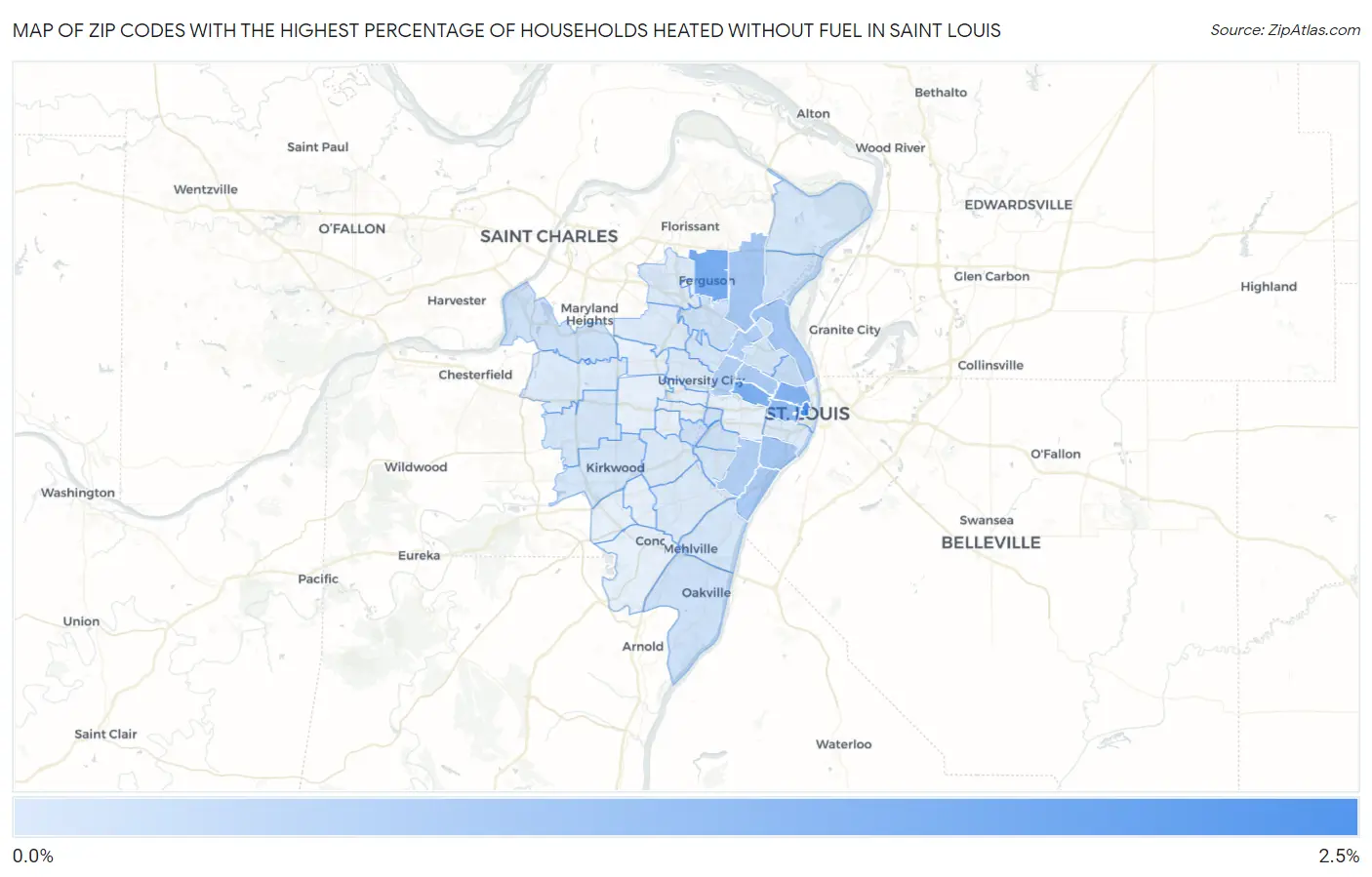Zip Codes with the Highest Percentage of Households Heated without Fuel in Saint Louis Map