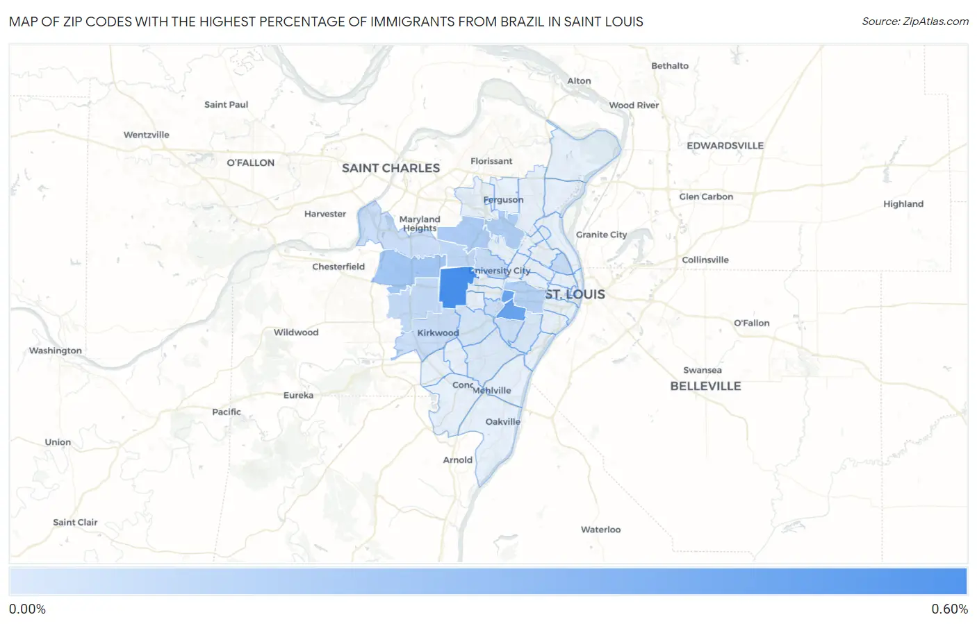 Zip Codes with the Highest Percentage of Immigrants from Brazil in Saint Louis Map