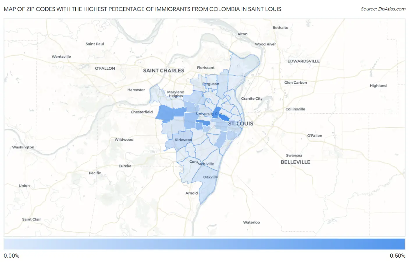 Zip Codes with the Highest Percentage of Immigrants from Colombia in Saint Louis Map