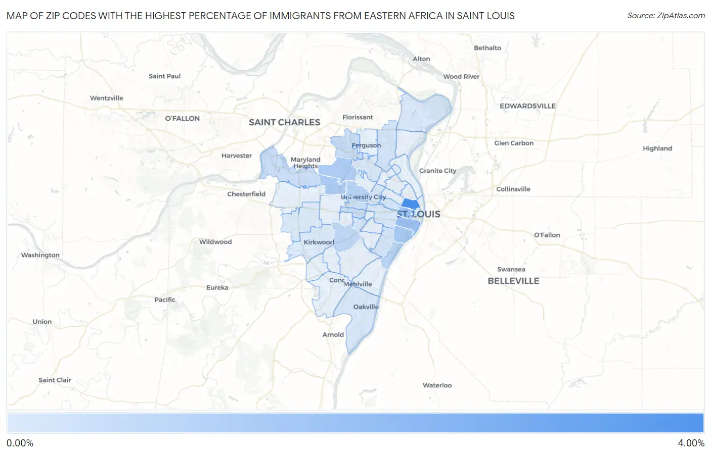 Zip Codes with the Highest Percentage of Immigrants from Eastern Africa in Saint Louis Map