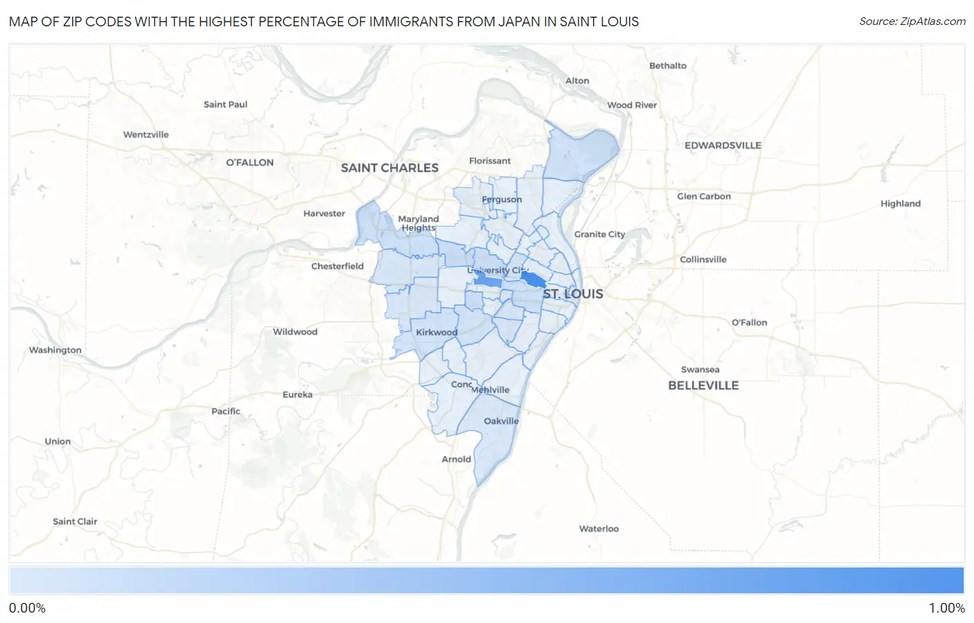 Zip Codes with the Highest Percentage of Immigrants from Japan in Saint Louis Map