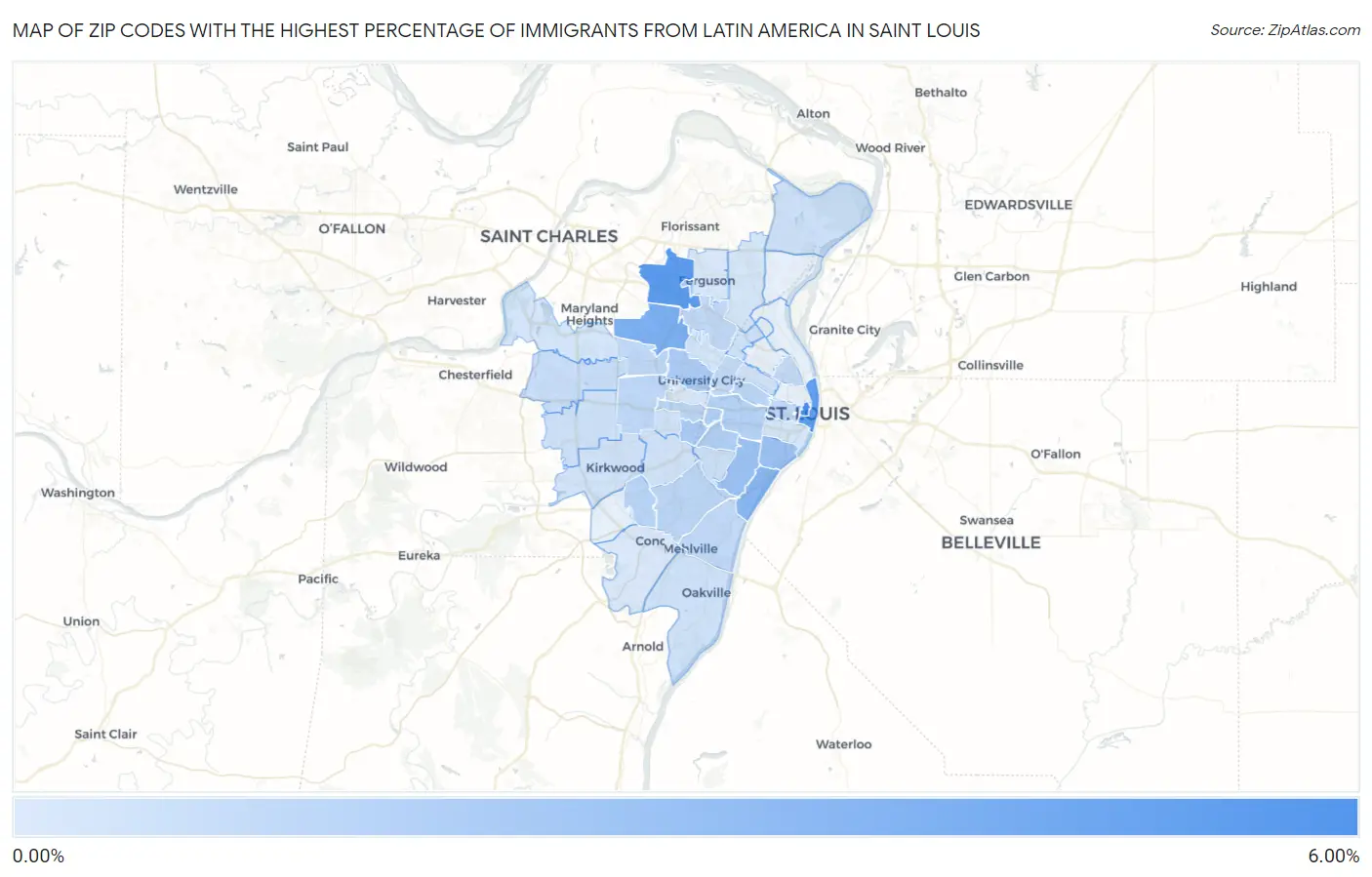 Zip Codes with the Highest Percentage of Immigrants from Latin America in Saint Louis Map