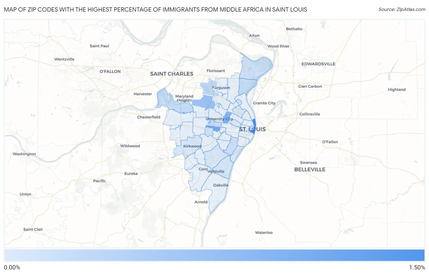 Zip Codes with the Highest Percentage of Immigrants from Middle Africa in Saint Louis Map