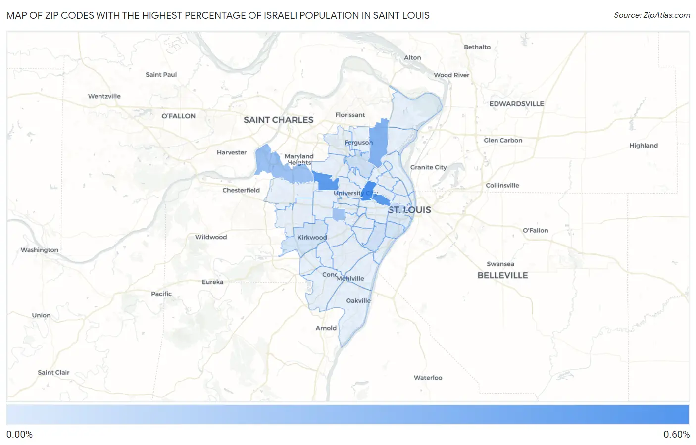 Zip Codes with the Highest Percentage of Israeli Population in Saint Louis Map
