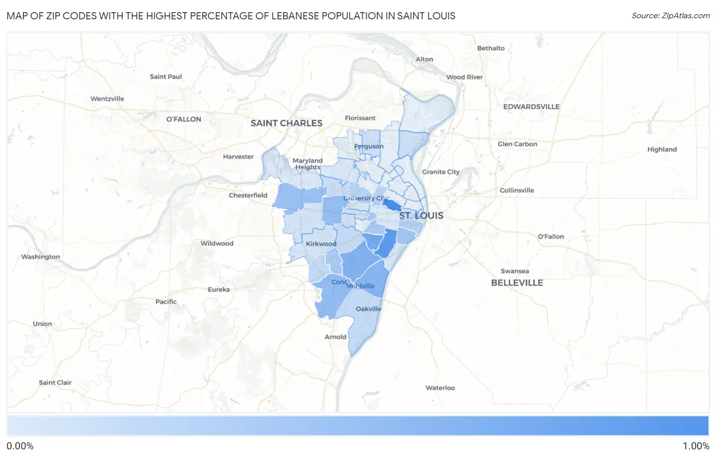 Zip Codes with the Highest Percentage of Lebanese Population in Saint Louis Map