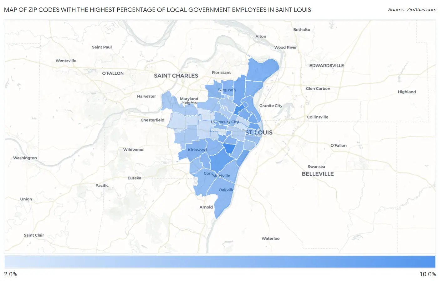 Zip Codes with the Highest Percentage of Local Government Employees in Saint Louis Map