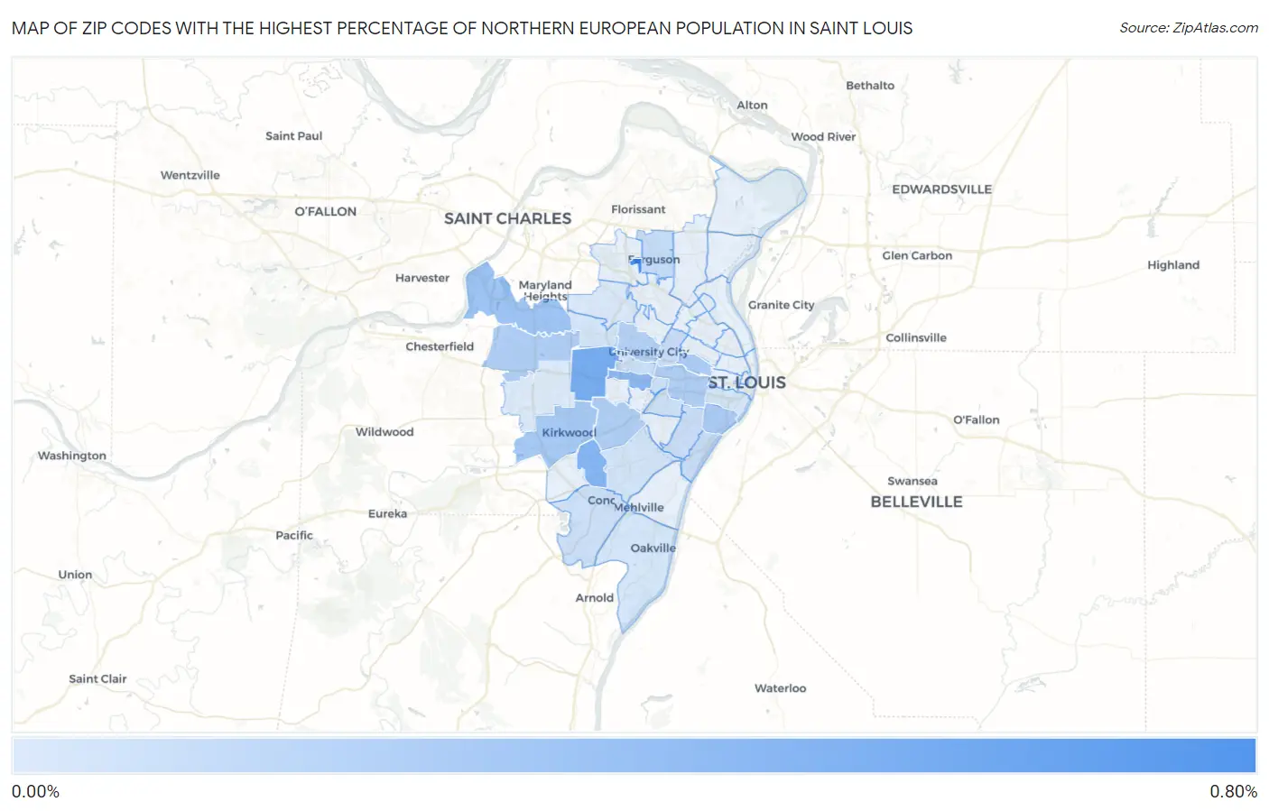 Zip Codes with the Highest Percentage of Northern European Population in Saint Louis Map