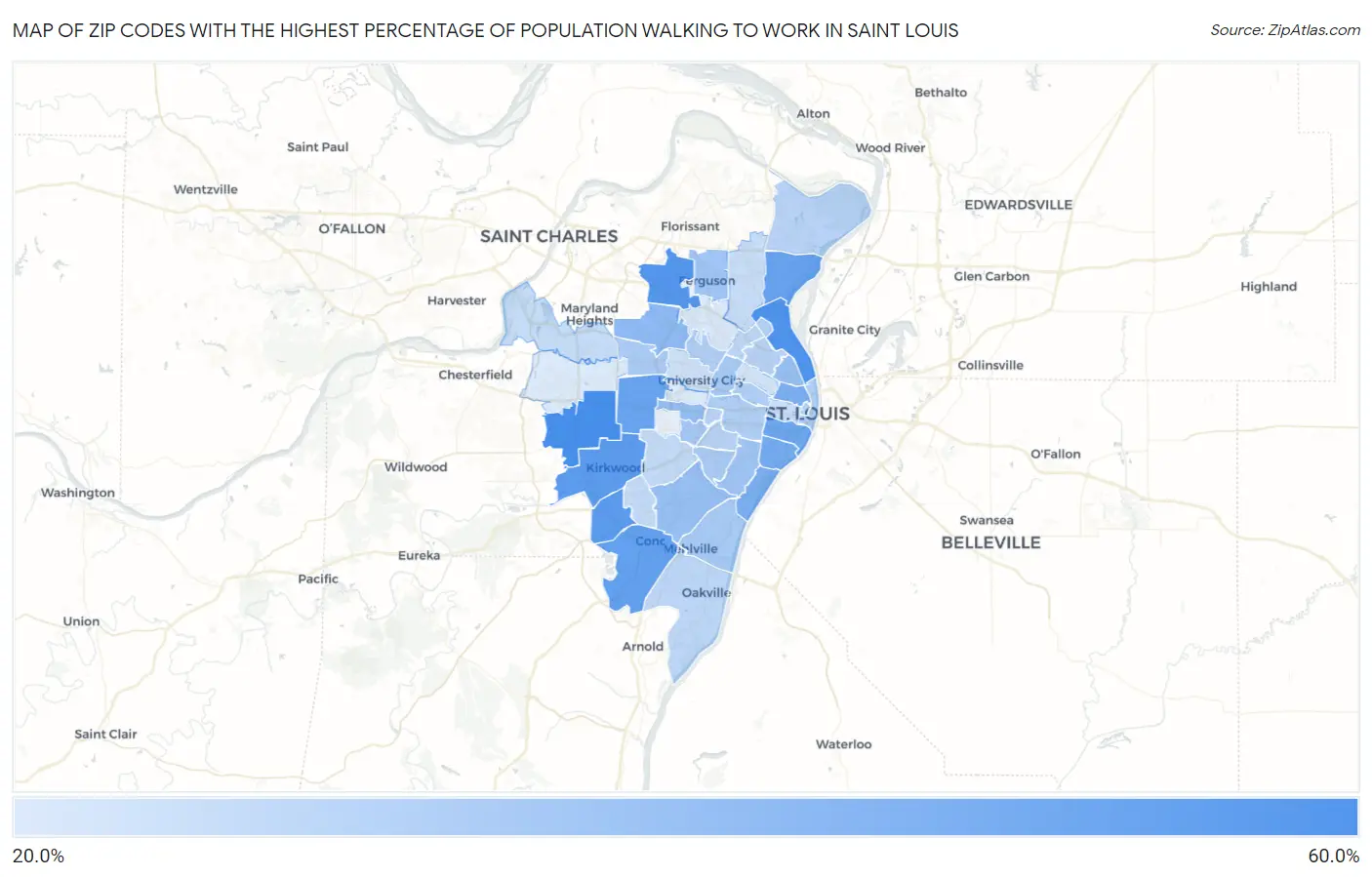 Zip Codes with the Highest Percentage of Population Walking to Work in Saint Louis Map