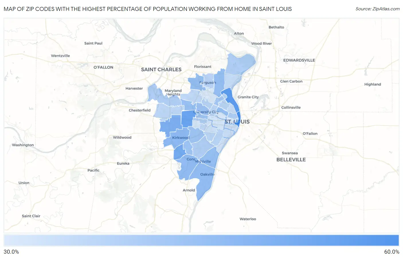 Zip Codes with the Highest Percentage of Population Working from Home in Saint Louis Map