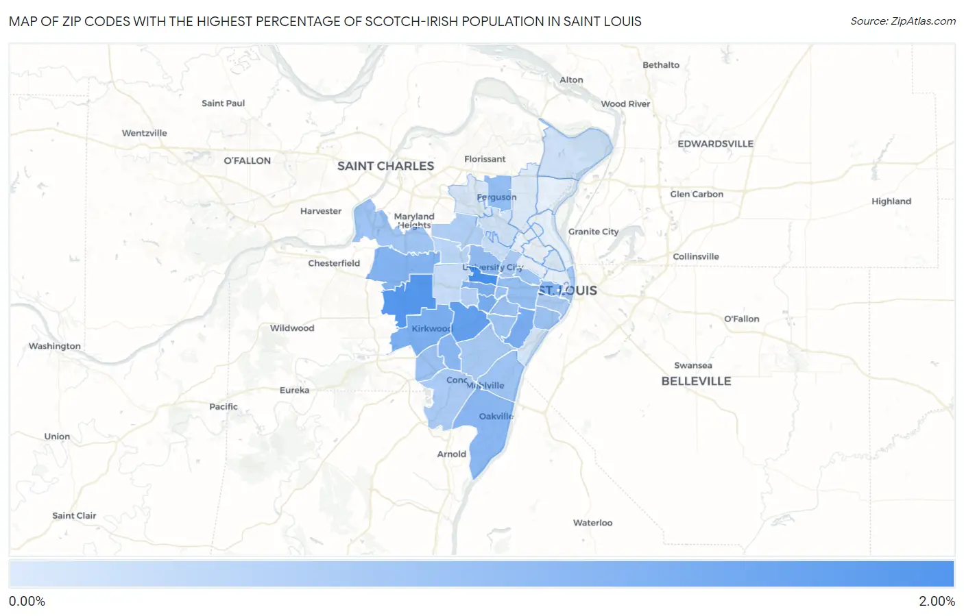 Zip Codes with the Highest Percentage of Scotch-Irish Population in Saint Louis Map