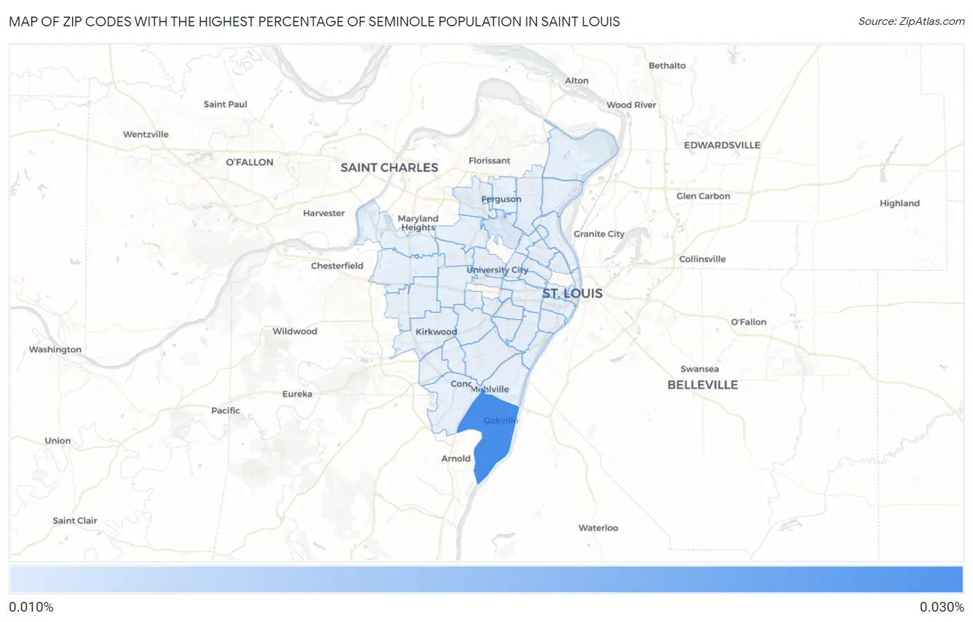 Zip Codes with the Highest Percentage of Seminole Population in Saint Louis Map