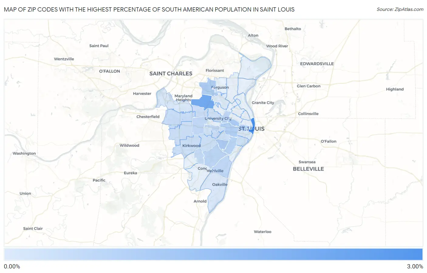 Zip Codes with the Highest Percentage of South American Population in Saint Louis Map