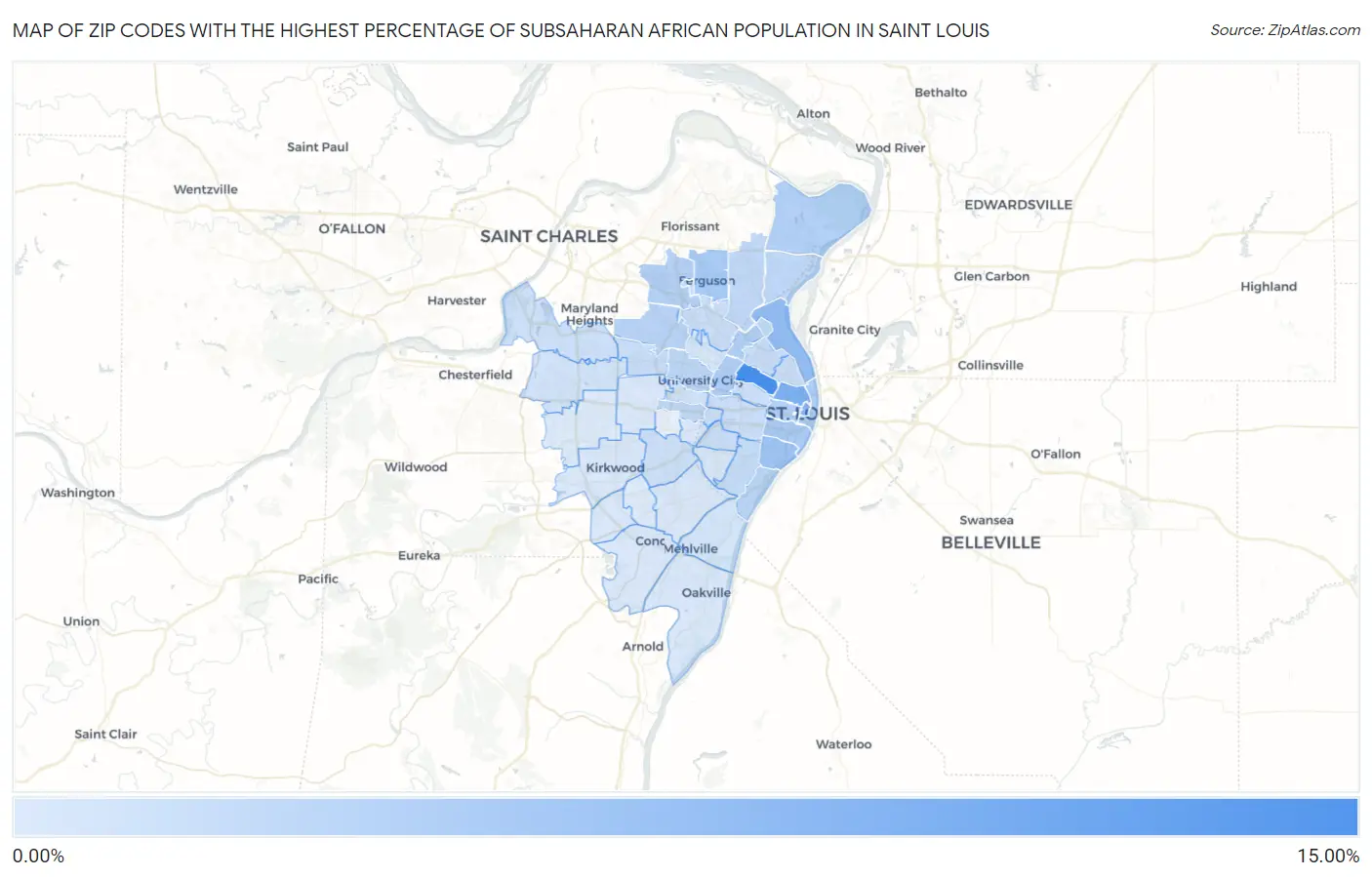 Zip Codes with the Highest Percentage of Subsaharan African Population in Saint Louis Map