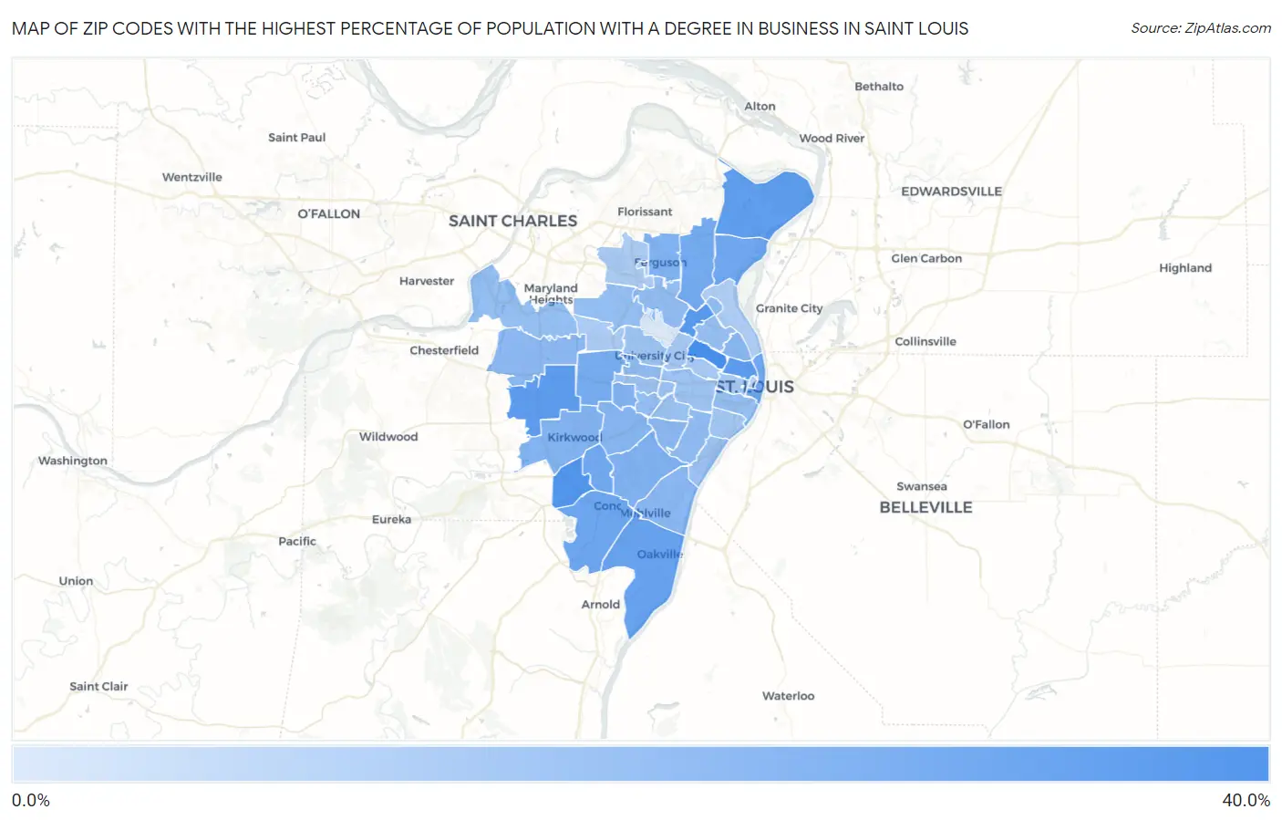 Zip Codes with the Highest Percentage of Population with a Degree in Business in Saint Louis Map