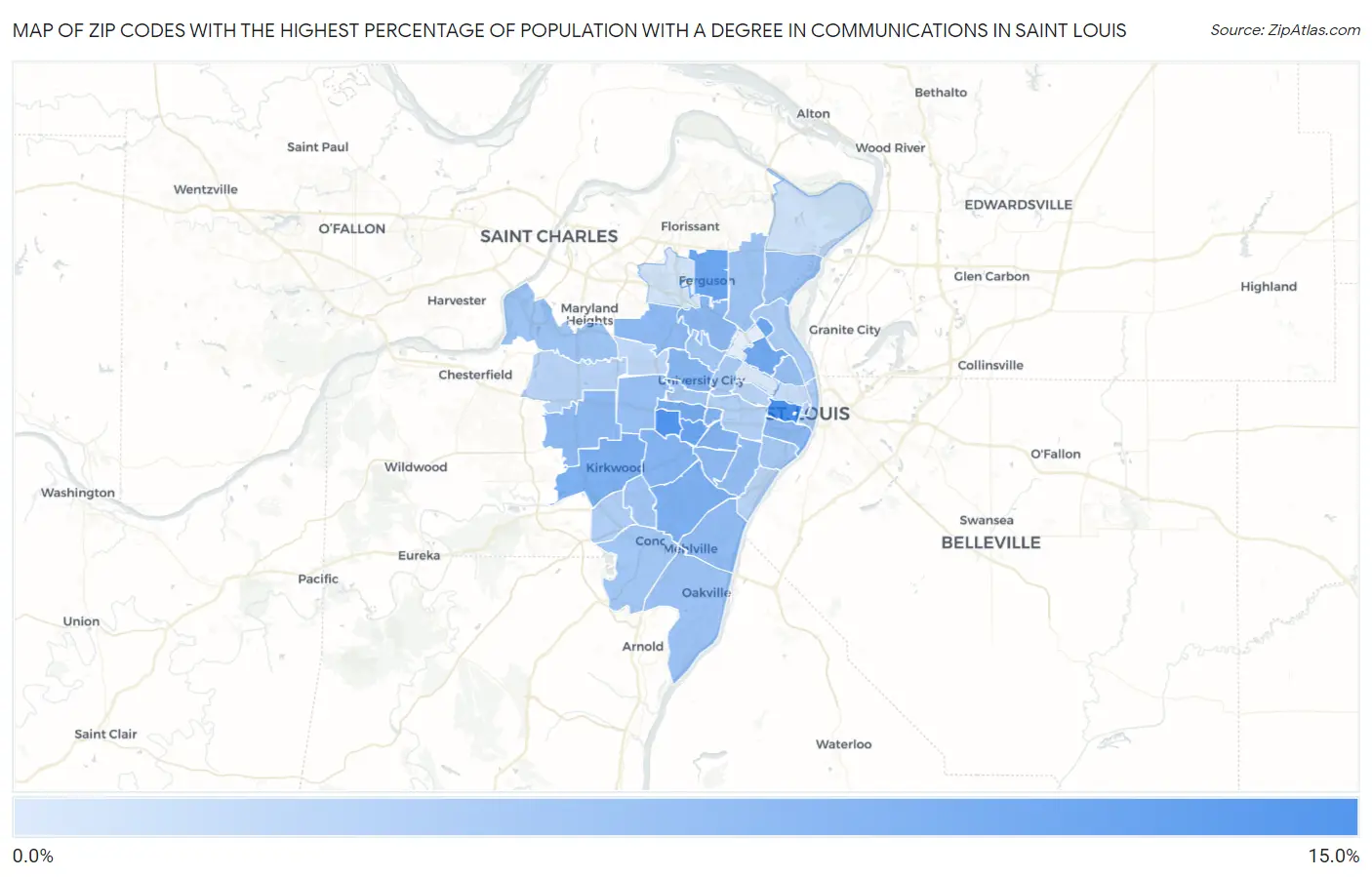 Zip Codes with the Highest Percentage of Population with a Degree in Communications in Saint Louis Map