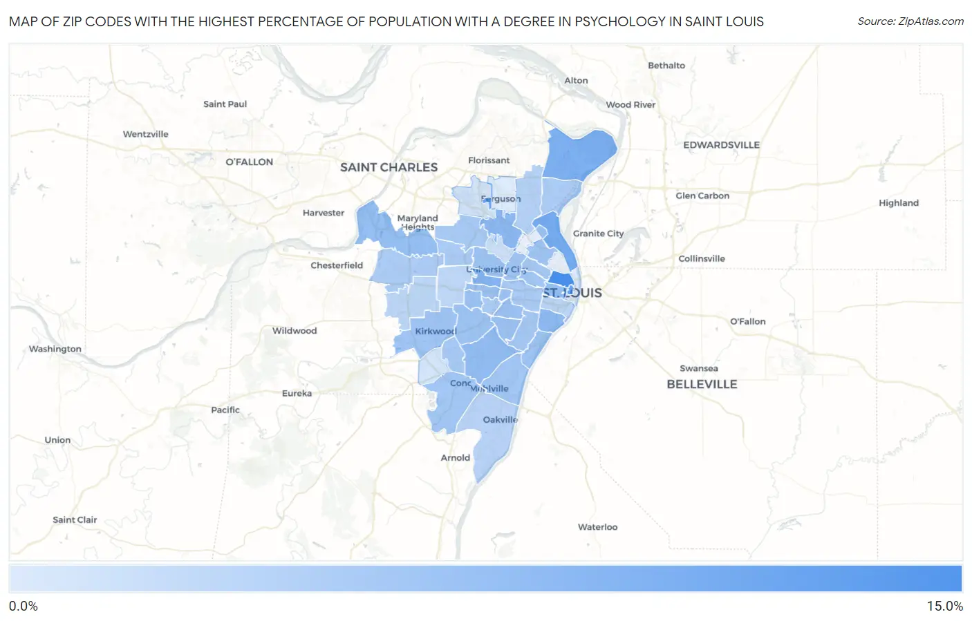 Zip Codes with the Highest Percentage of Population with a Degree in Psychology in Saint Louis Map