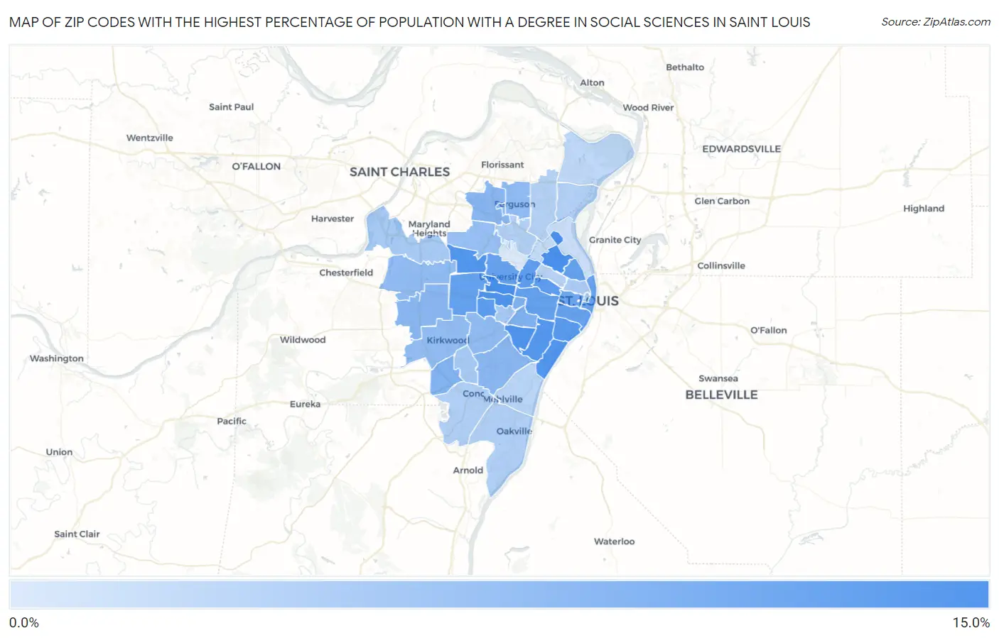 Zip Codes with the Highest Percentage of Population with a Degree in Social Sciences in Saint Louis Map