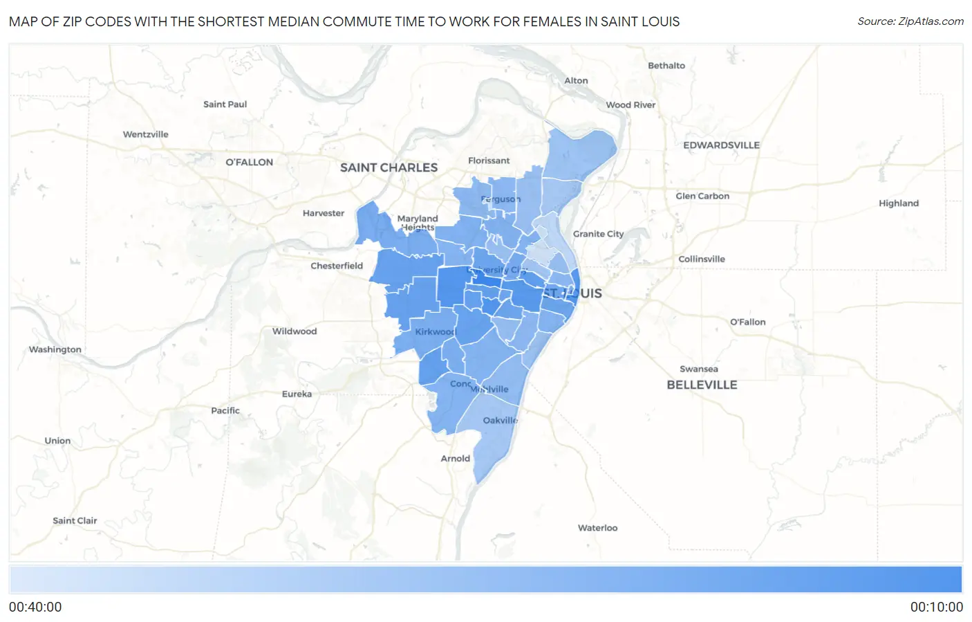 Zip Codes with the Shortest Median Commute Time to Work for Females in Saint Louis Map