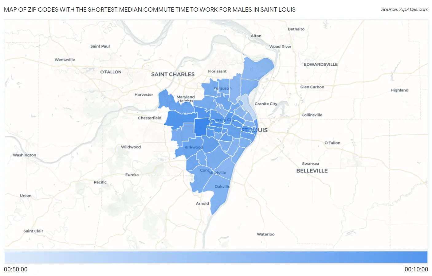 Zip Codes with the Shortest Median Commute Time to Work for Males in Saint Louis Map