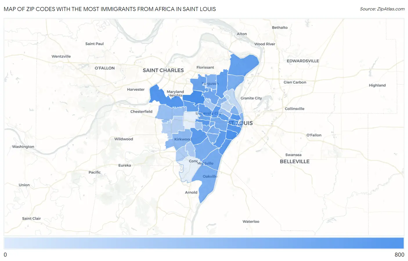 Zip Codes with the Most Immigrants from Africa in Saint Louis Map