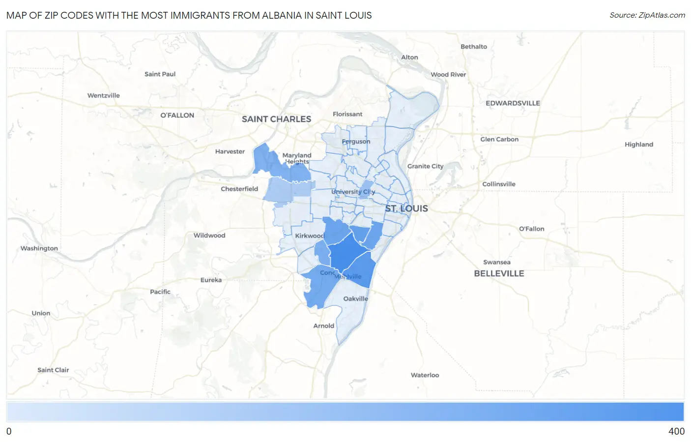 Zip Codes with the Most Immigrants from Albania in Saint Louis Map