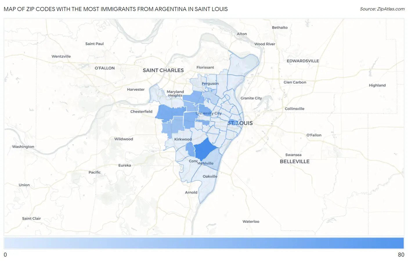 Zip Codes with the Most Immigrants from Argentina in Saint Louis Map