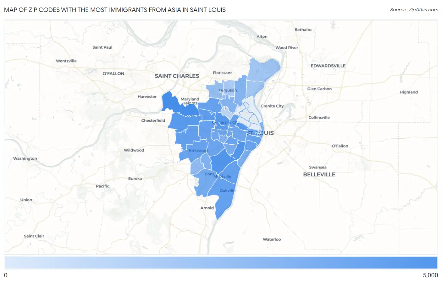 Zip Codes with the Most Immigrants from Asia in Saint Louis Map