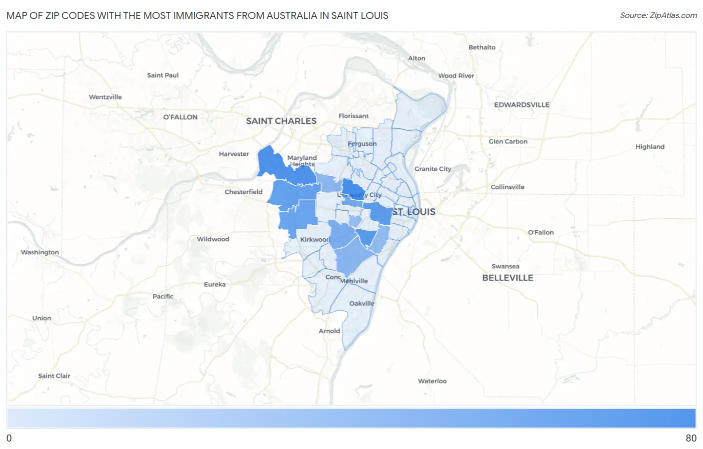 Zip Codes with the Most Immigrants from Australia in Saint Louis Map