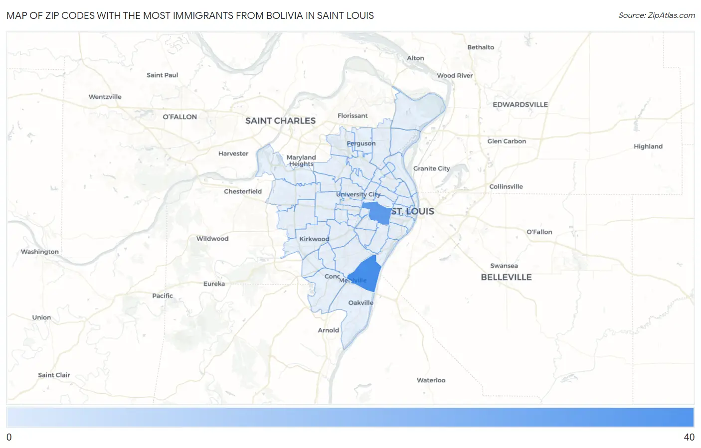 Zip Codes with the Most Immigrants from Bolivia in Saint Louis Map