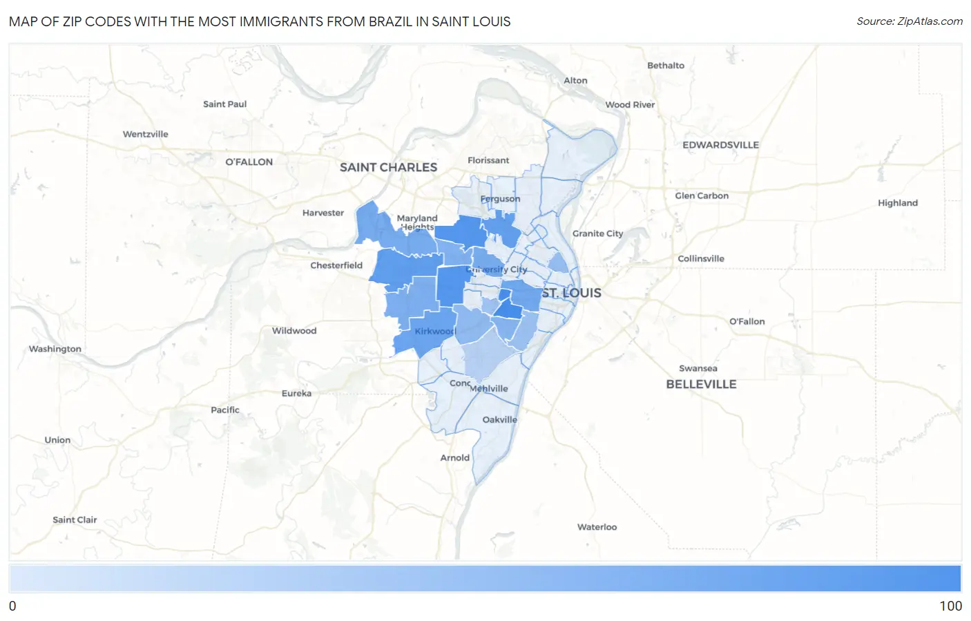 Zip Codes with the Most Immigrants from Brazil in Saint Louis Map