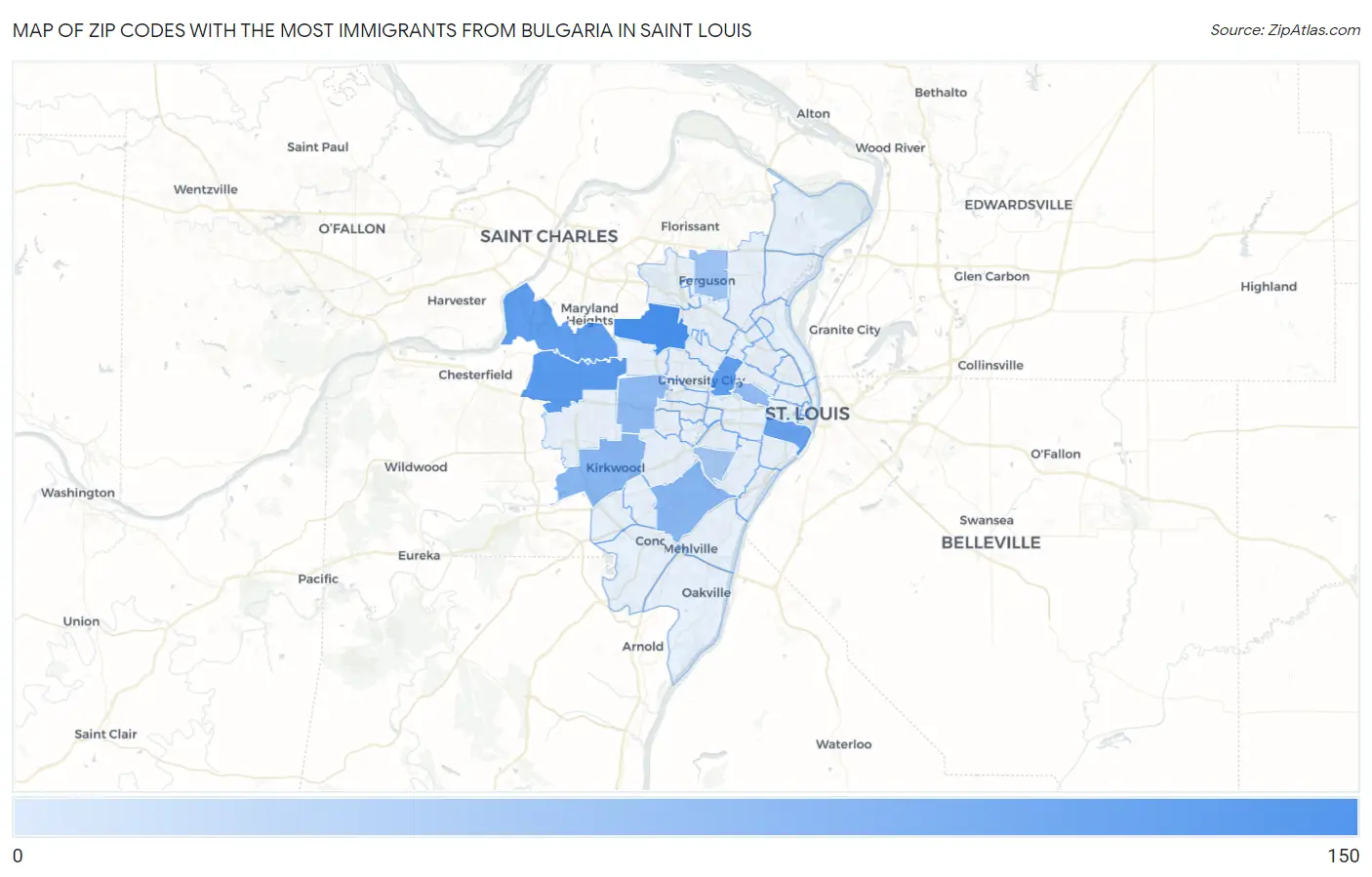 Zip Codes with the Most Immigrants from Bulgaria in Saint Louis Map