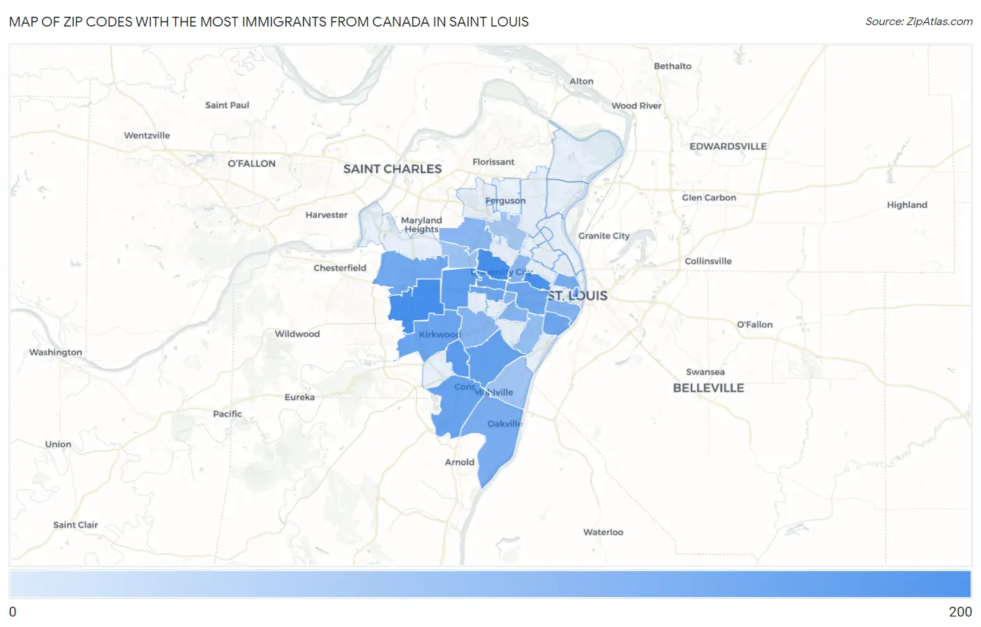 Zip Codes with the Most Immigrants from Canada in Saint Louis Map