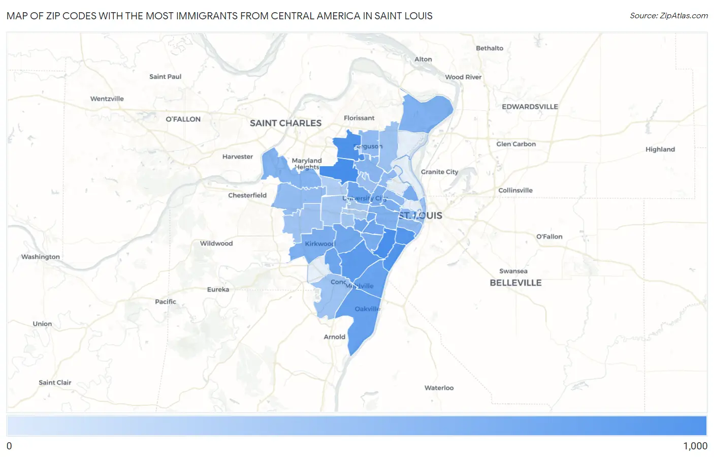 Zip Codes with the Most Immigrants from Central America in Saint Louis Map