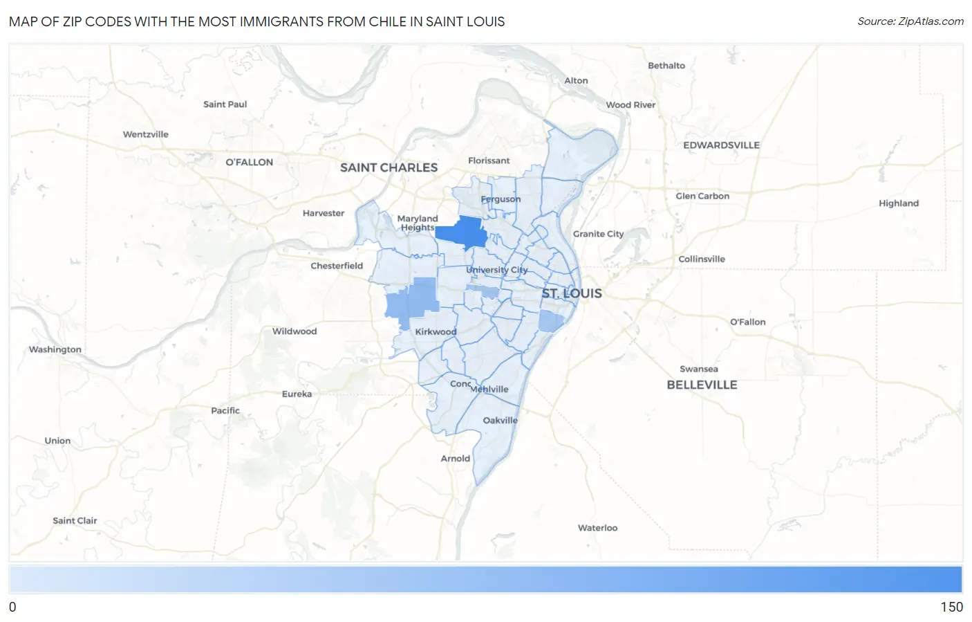 Zip Codes with the Most Immigrants from Chile in Saint Louis Map