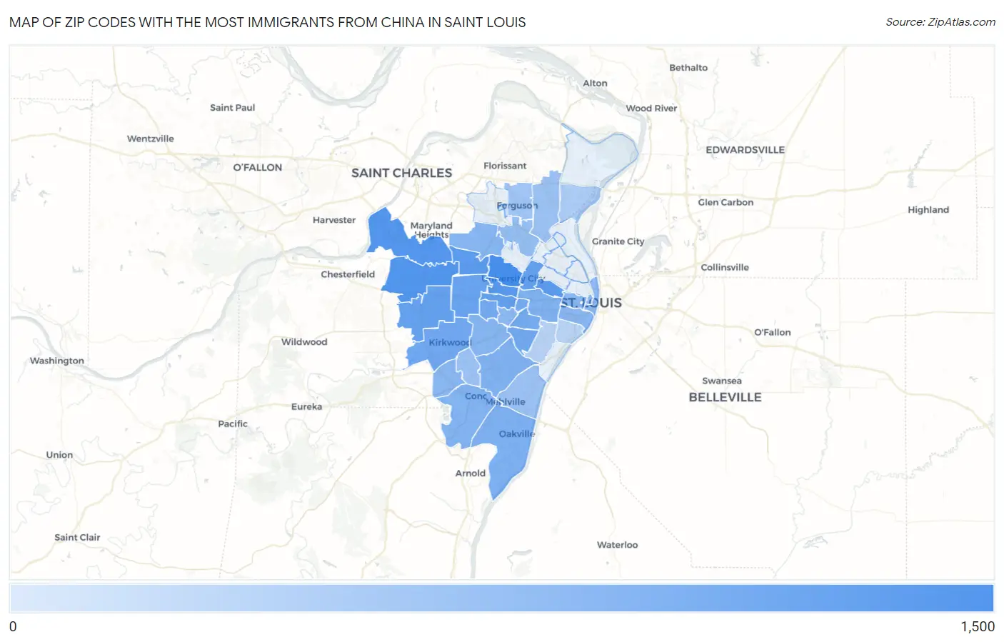Zip Codes with the Most Immigrants from China in Saint Louis Map