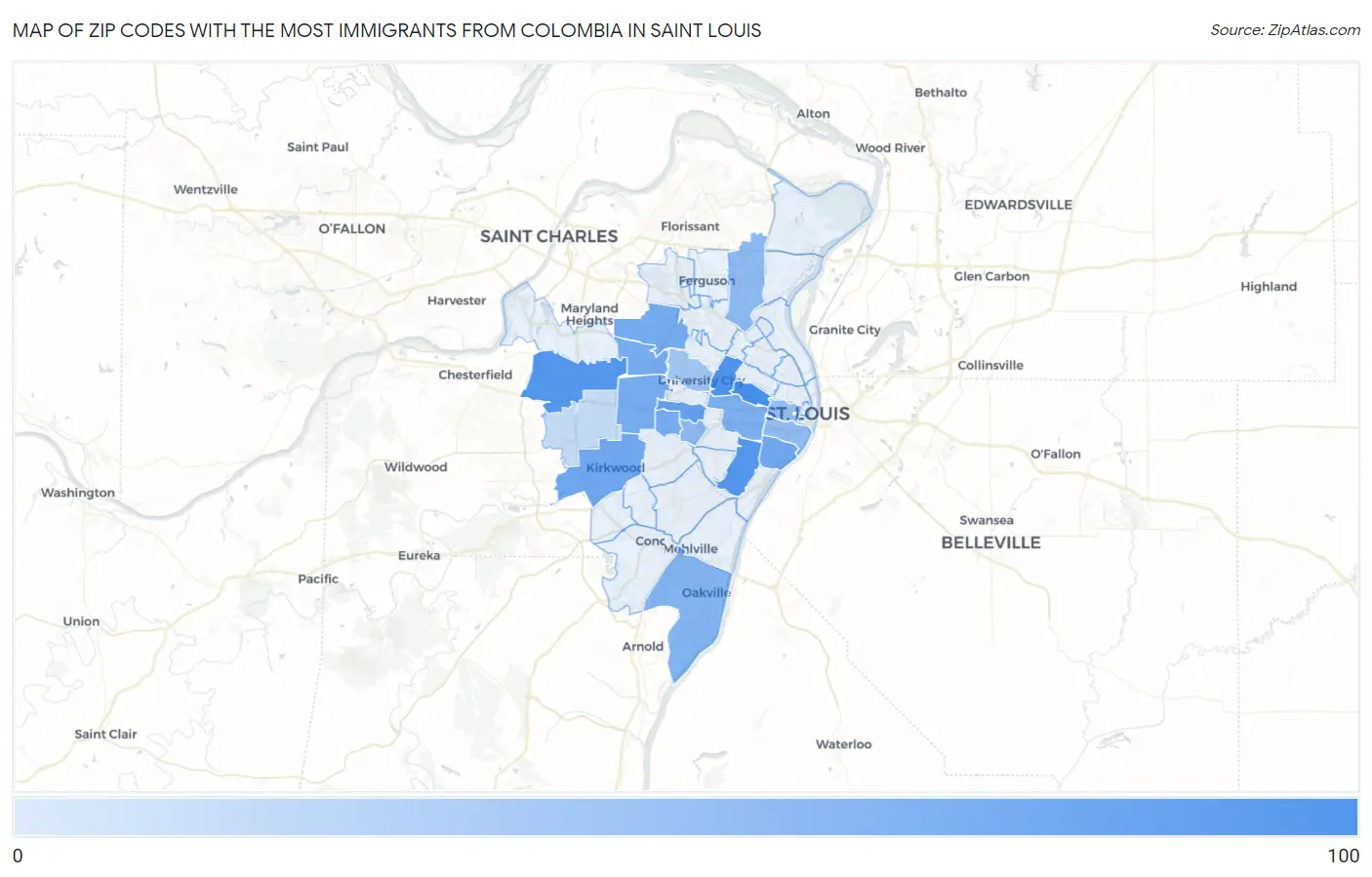 Zip Codes with the Most Immigrants from Colombia in Saint Louis Map
