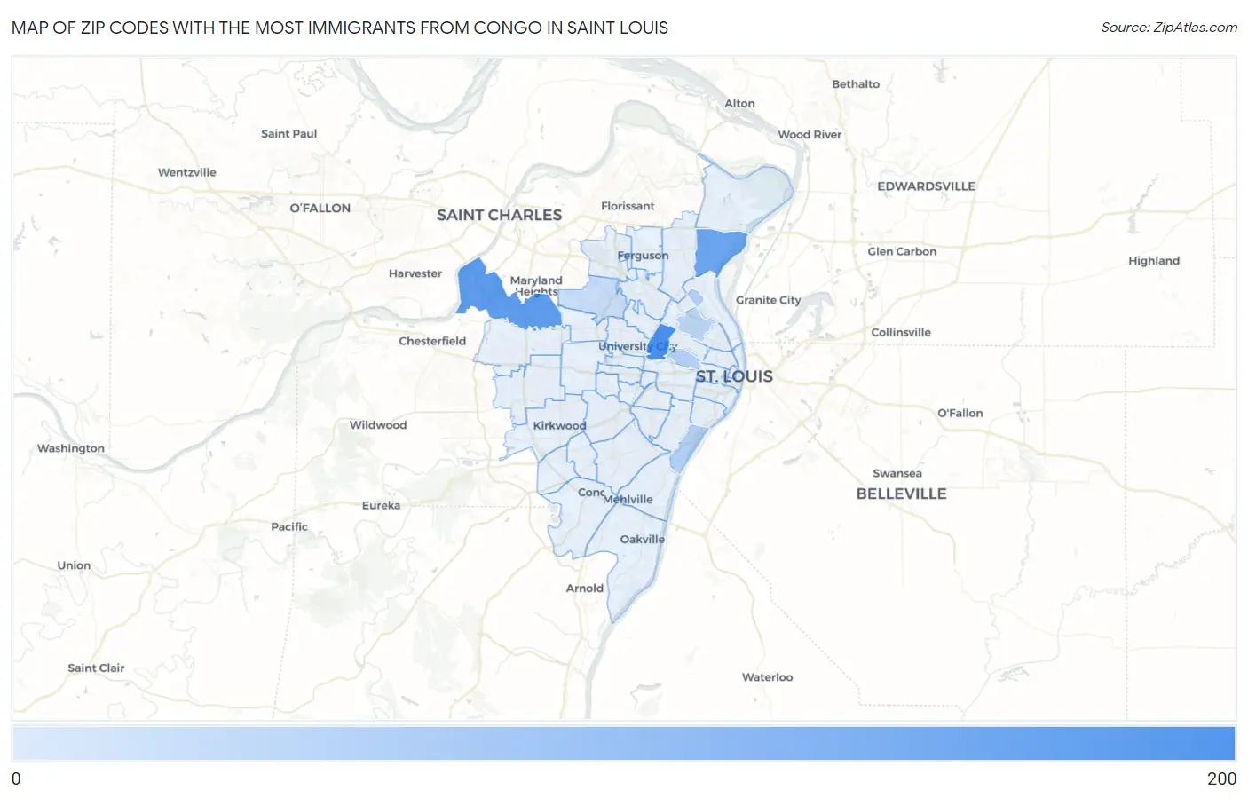 Zip Codes with the Most Immigrants from Congo in Saint Louis Map