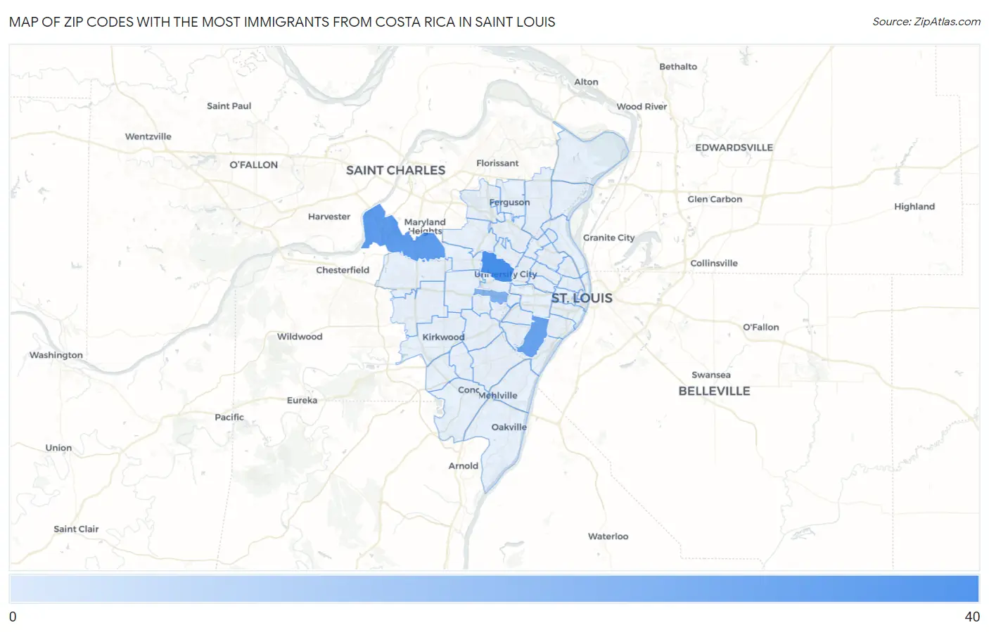 Zip Codes with the Most Immigrants from Costa Rica in Saint Louis Map