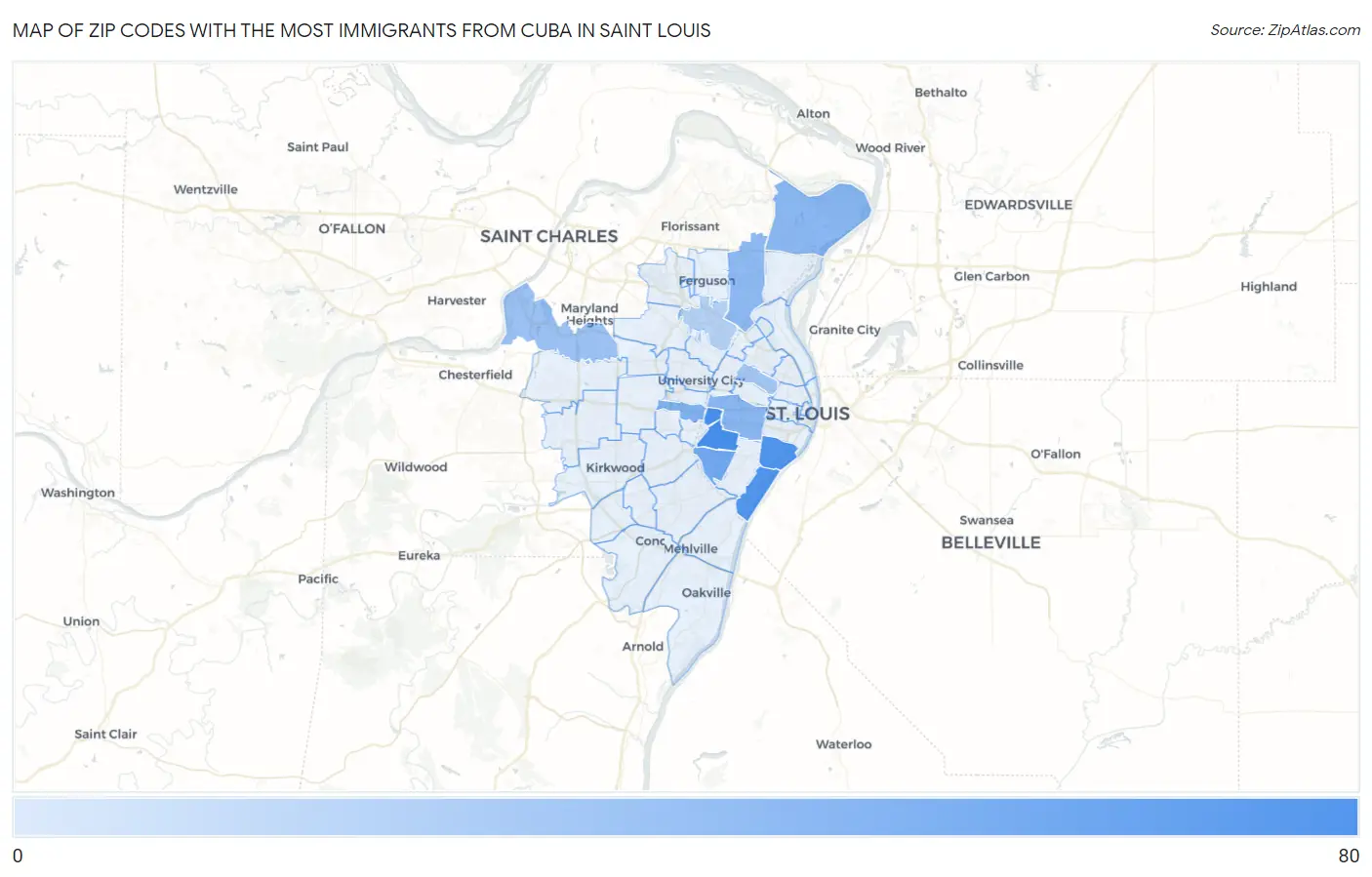 Zip Codes with the Most Immigrants from Cuba in Saint Louis Map