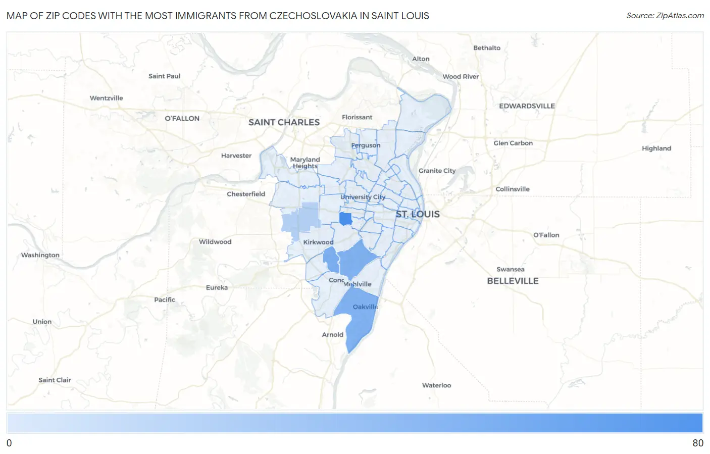 Zip Codes with the Most Immigrants from Czechoslovakia in Saint Louis Map