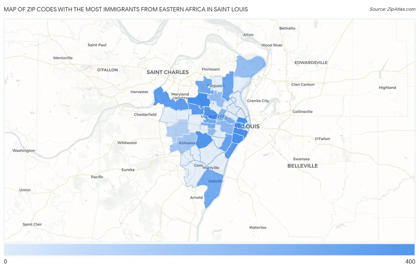 Zip Codes with the Most Immigrants from Eastern Africa in Saint Louis Map
